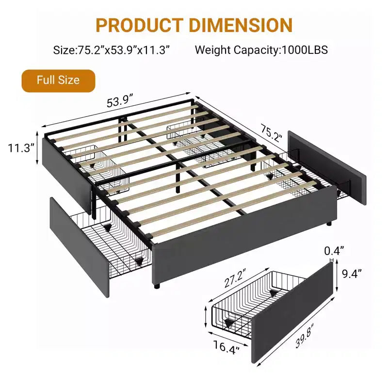 Estructura de cama con 4 cajonesTapizado en tela, fácil de montar