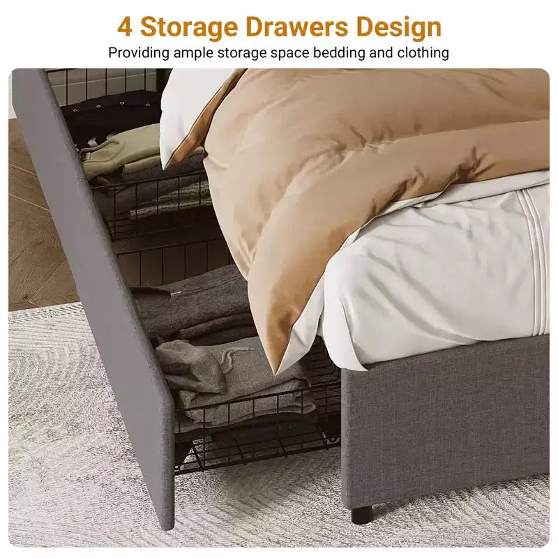 Estructura de cama con 4 cajonesTapizado en tela, fácil de montar