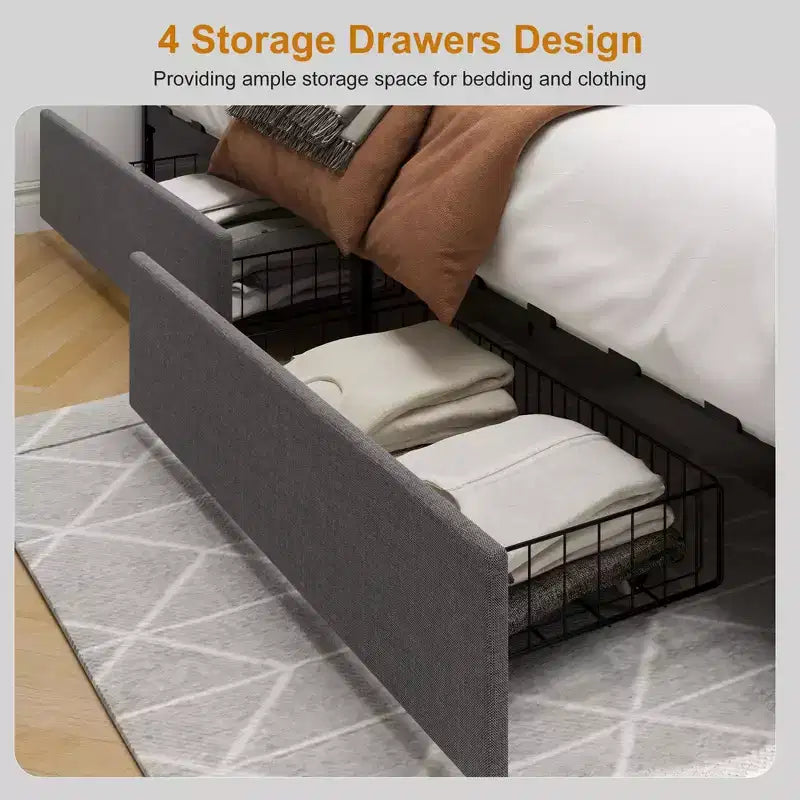 Estructura de cama con 4 cajonesTapizado en tela, fácil de montar