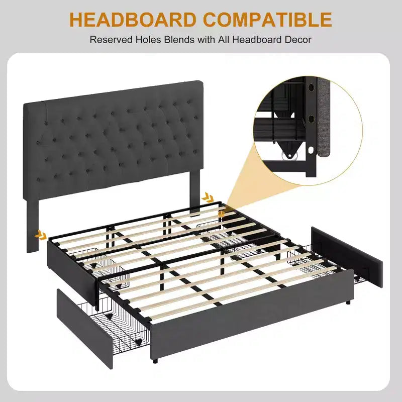Estructura de cama con 4 cajonesTapizado en tela, fácil de montar