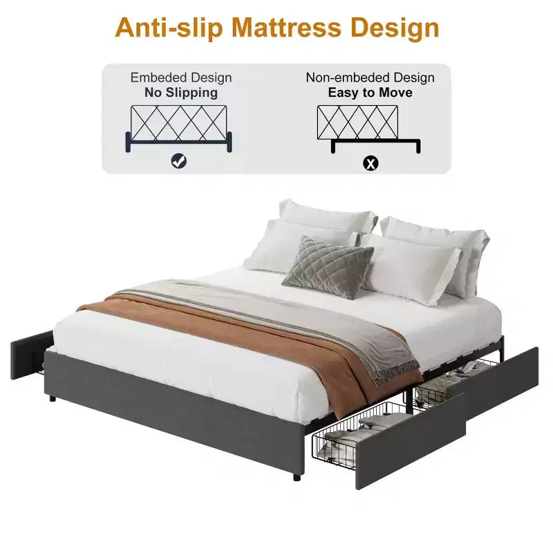 Estructura de cama con 4 cajonesTapizado en tela, fácil de montar