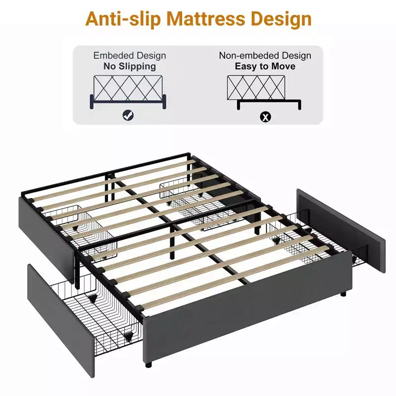 Estructura de cama con 4 cajonesTapizado en tela, fácil de montar