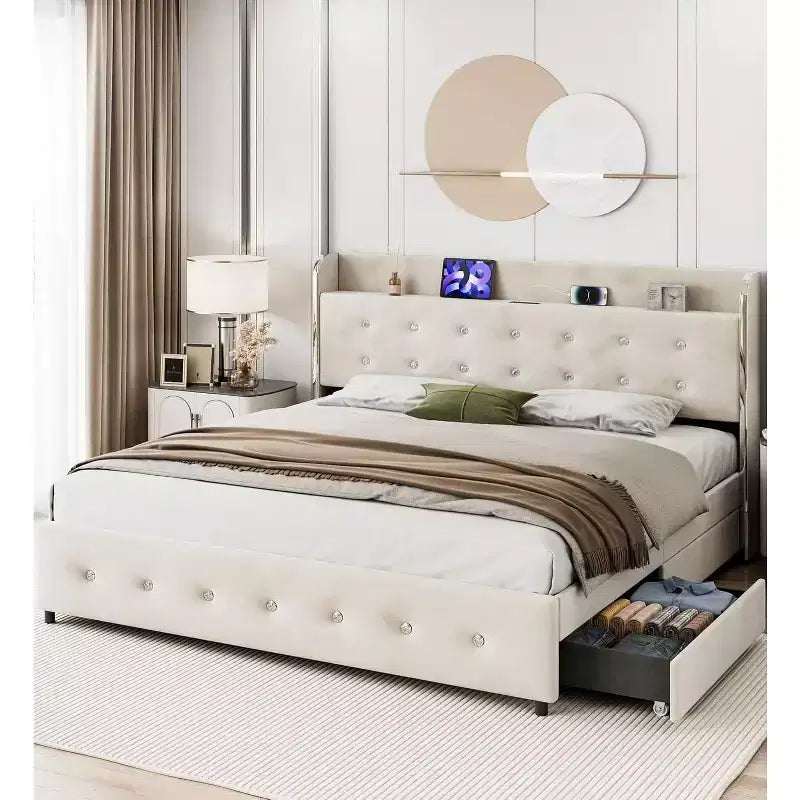 Base de cama con 4 cajones de almacenamiento, plataforma tapizada en terciopelo, soporte de 1000 lb, beige, TAMAÑO QUEEN