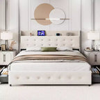 Base de cama con 4 cajones de almacenamiento, plataforma tapizada en terciopelo, soporte de 1000 lb, beige, TAMAÑO QUEEN
