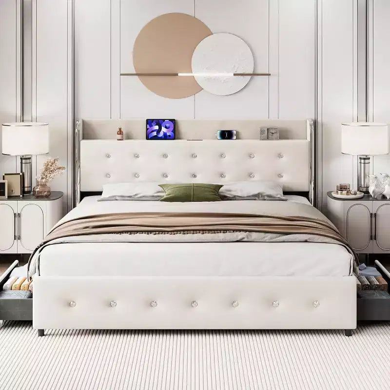 Base de cama con 4 cajones de almacenamiento, plataforma tapizada en terciopelo, soporte de 1000 lb, beige, TAMAÑO QUEEN