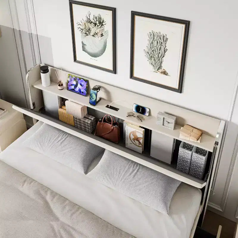 Base de cama con 4 cajones de almacenamiento, plataforma tapizada en terciopelo, soporte de 1000 lb, beige, TAMAÑO QUEEN