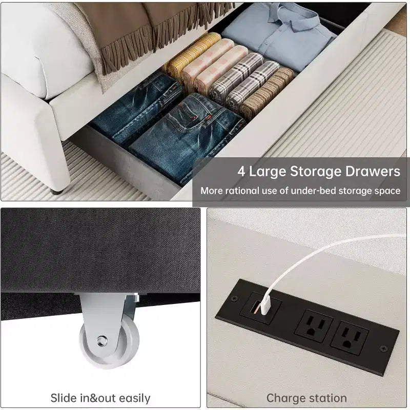 Base de cama con 4 cajones de almacenamiento, plataforma tapizada en terciopelo, soporte de 1000 lb, beige, TAMAÑO QUEEN