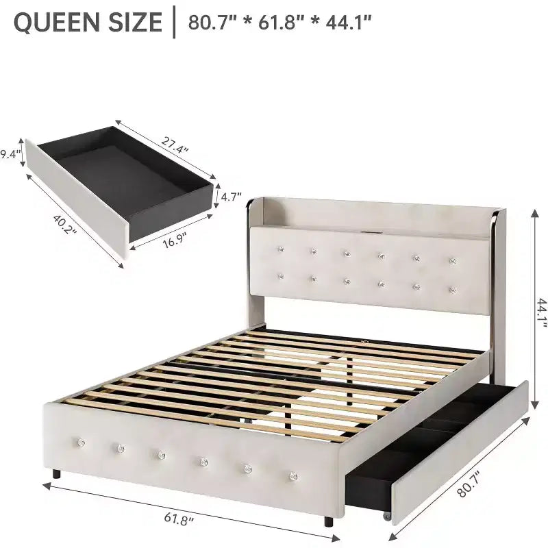 Base de cama con 4 cajones de almacenamiento, plataforma tapizada en terciopelo, soporte de 1000 lb, beige, TAMAÑO QUEEN
