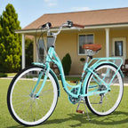 NAYSAYE Bicicleta Cruiser de 24 pulgadas y 7 velocidades para mujer, bicicleta cruiser completa con freno en V doble, asiento ajustable, cuadro de acero para mujeres y hombres para ir al trabajo y ocio