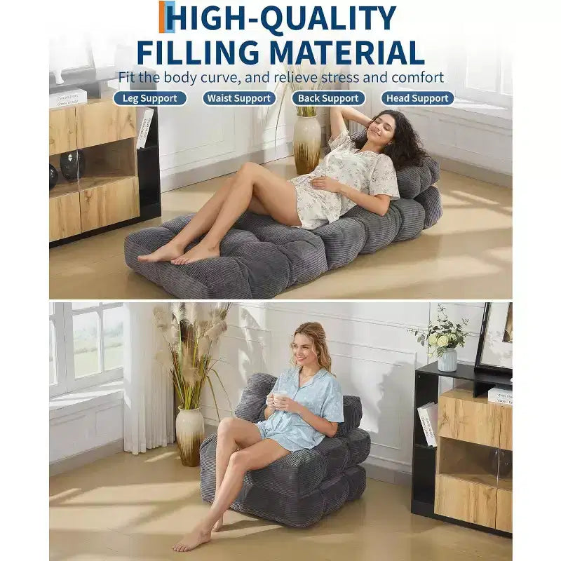 Sofá cama convertible multifuncional 3 en 1 - Tela de pana capitoné, paso de 10 mm, sofá cama plegable con almohadas, colchón cómodo.