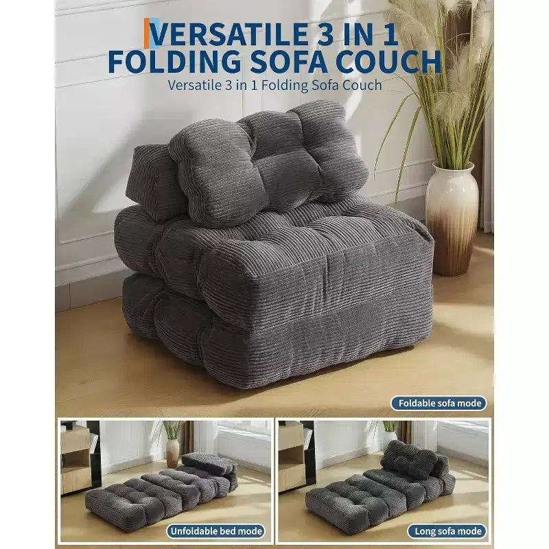 Sofá cama convertible multifuncional 3 en 1 - Tela de pana capitoné, paso de 10 mm, sofá cama plegable con almohadas, colchón cómodo.