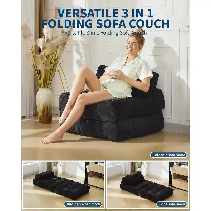 Sofá cama convertible multifuncional 3 en 1 - Tela de pana capitoné, paso de 10 mm, sofá cama plegable con almohadas, colchón cómodo.