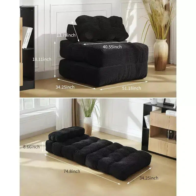 Sofá cama convertible multifuncional 3 en 1 - Tela de pana capitoné, paso de 10 mm, sofá cama plegable con almohadas, colchón cómodo.