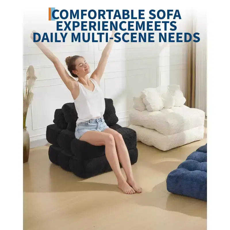 Sofá cama convertible multifuncional 3 en 1 - Tela de pana capitoné, paso de 10 mm, sofá cama plegable con almohadas, colchón cómodo.