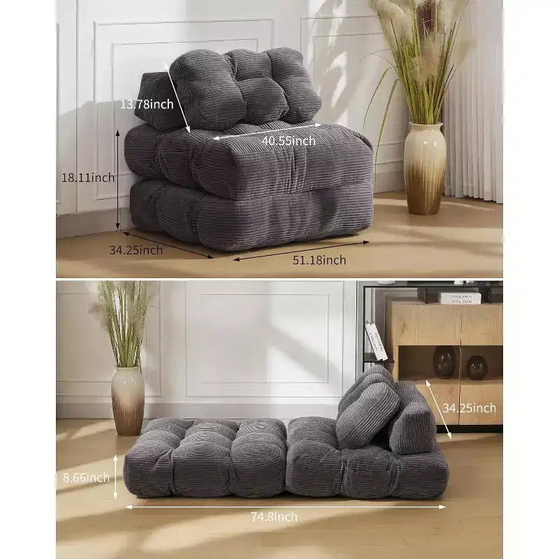 Sofá cama convertible multifuncional 3 en 1 - Tela de pana capitoné, paso de 10 mm, sofá cama plegable con almohadas, colchón cómodo.