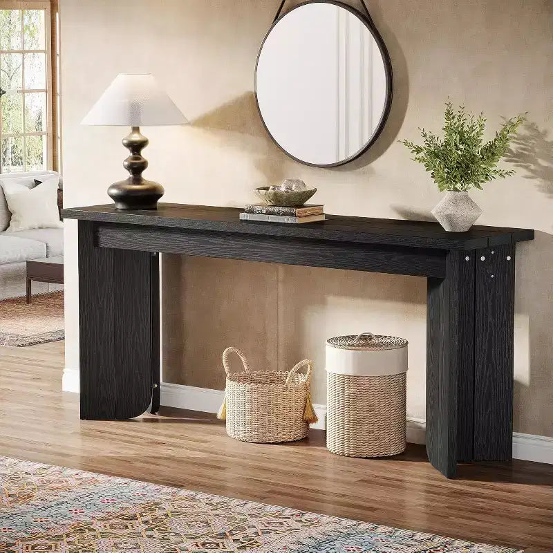 Mesa consola extralarga de estilo rústico de 70.9 pulgadas con tablero ensanchado, base doble robusta, para entrada de sala de estar (negro)