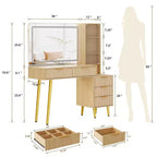 Recessed vanity with mirror  5 drawers, glass countertop, cabinet doors, adjustable shelves, wooden legs, and ample storage space.