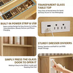 Tocador empotrado con espejo, 5 cajones, encimera de cristal, puertas de gabinete, estantes ajustables, patas de madera y amplio espacio de almacenamiento.