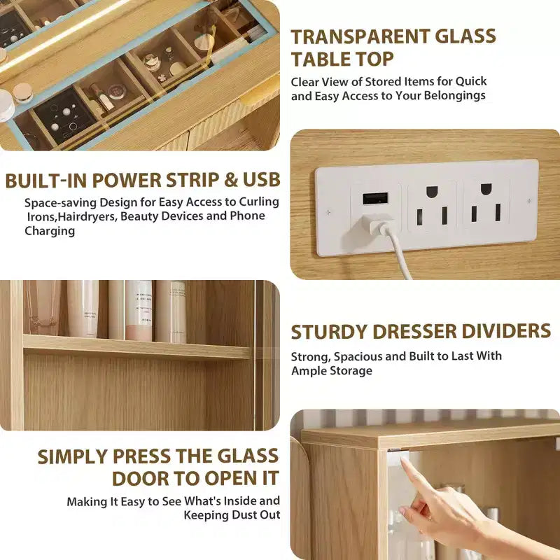 Tocador empotrado con espejo, 5 cajones, encimera de cristal, puertas de gabinete, estantes ajustables, patas de madera y amplio espacio de almacenamiento.