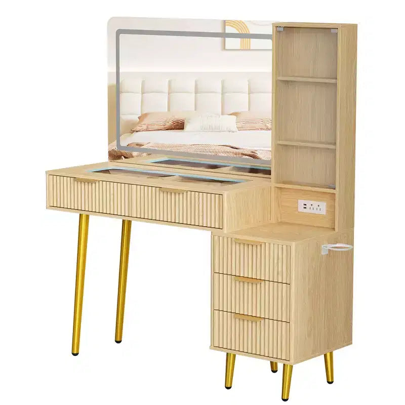 Tocador empotrado con espejo, 5 cajones, encimera de cristal, puertas de gabinete, estantes ajustables, patas de madera y amplio espacio de almacenamiento.