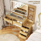 Tocador empotrado con espejo, 5 cajones, encimera de cristal, puertas de gabinete, estantes ajustables, patas de madera y amplio espacio de almacenamiento.