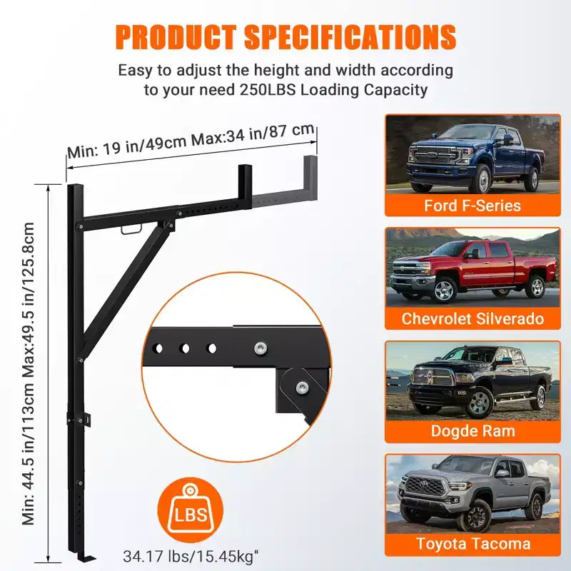 Porta Escaleras Ajustable de Alta Resistencia para Camionetas, Construcción de Acero, Extensible de 19 a 34 pulgadas, Altura de 44.5 a 49.5 pulgadas, Carga de 250 lbs, Ideal para Kayaks