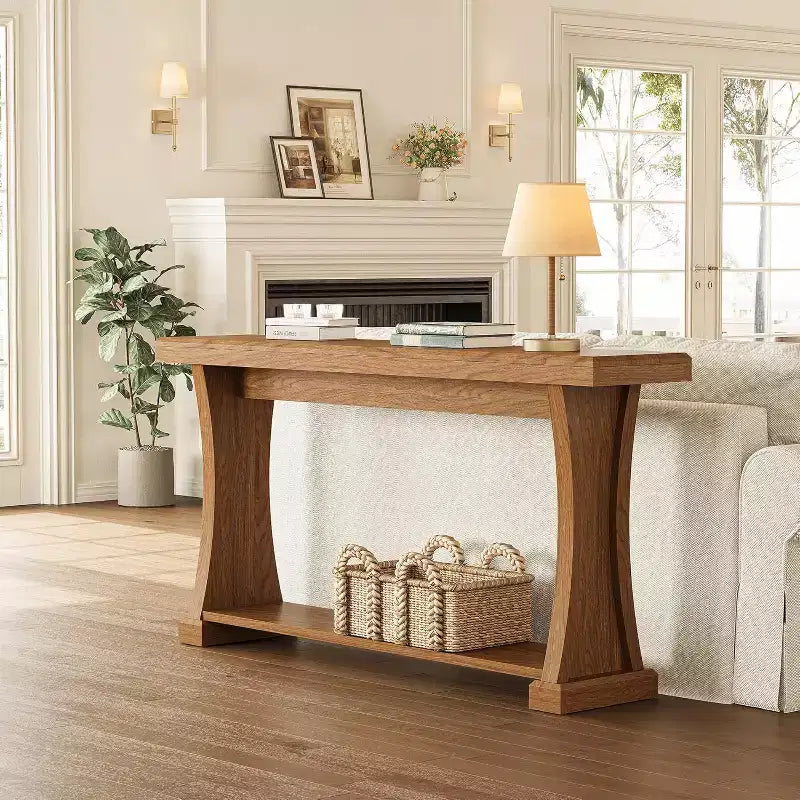 Mesa Consola de 63 Pulgadas para Entrada, Mesa de Entrada de 2 Niveles Detrás del Sofá con Estantes de Almacenamiento para Sala de Estar, Pasillo, Mesa de Madera Estrecha