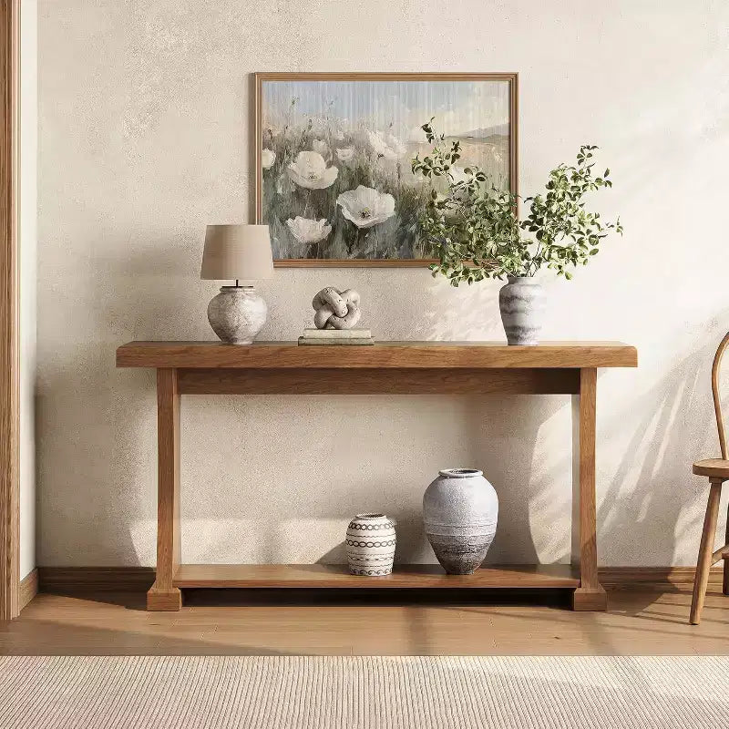 Mesa Consola de 63 Pulgadas para Entrada, Mesa de Entrada de 2 Niveles Detrás del Sofá con Estantes de Almacenamiento para Sala de Estar, Pasillo, Mesa de Madera Estrecha