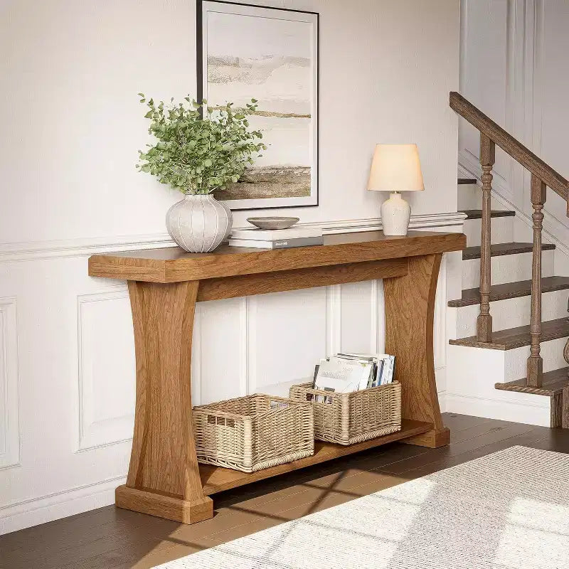Mesa Consola de 63 Pulgadas para Entrada, Mesa de Entrada de 2 Niveles Detrás del Sofá con Estantes de Almacenamiento para Sala de Estar, Pasillo, Mesa de Madera Estrecha