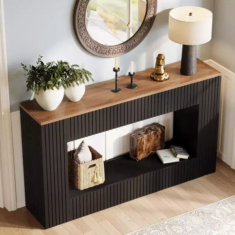 55 Mesa de Entrada, Mesa Consola Moderna con Almacenamiento de 2 Niveles, Mueble Estrecho para Sofá para Sala de Estar, Entrada, Pasillo, Negro