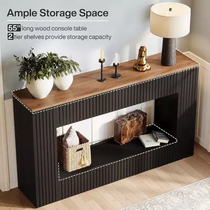 55 Mesa de Entrada, Mesa Consola Moderna con Almacenamiento de 2 Niveles, Mueble Estrecho para Sofá para Sala de Estar, Entrada, Pasillo, Negro