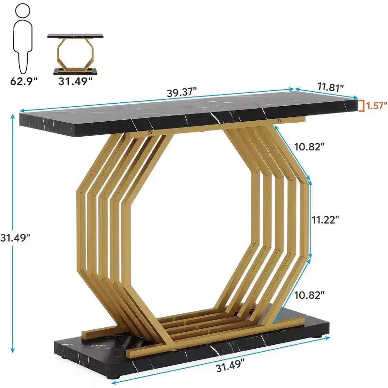 Mesa consola dorada de 40 pulgadas, mesa de sofá estrecha de mármol sintético para entrada con base de metal geométrica para sala de estar, pasillo, vestíbulo, negra