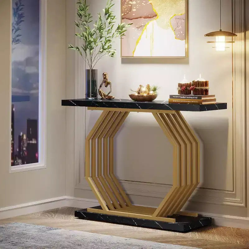 Mesa consola dorada de 40 pulgadas, mesa de sofá estrecha de mármol sintético para entrada con base de metal geométrica para sala de estar, pasillo, vestíbulo, negra