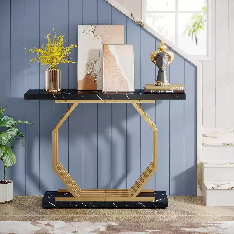 Mesa consola dorada de 40 pulgadas, mesa de sofá estrecha de mármol sintético para entrada con base de metal geométrica para sala de estar, pasillo, vestíbulo, negra