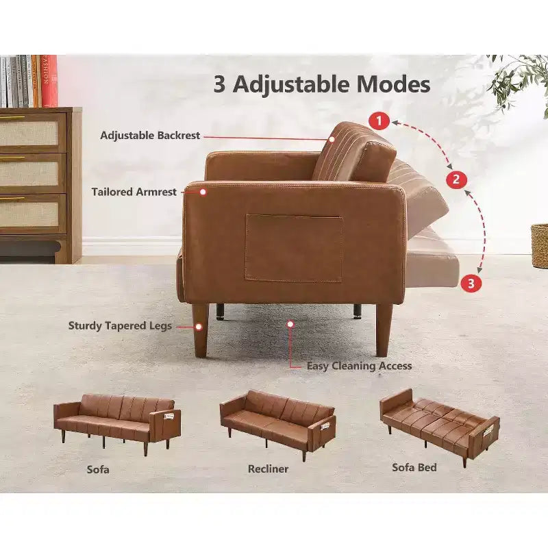 Canapé-lit futon en similicuir de 75 po de style Mid-Century - Lit convertible avec dossier réglable, causeuse et pochettes latérales, pour salon/chambre à coucher