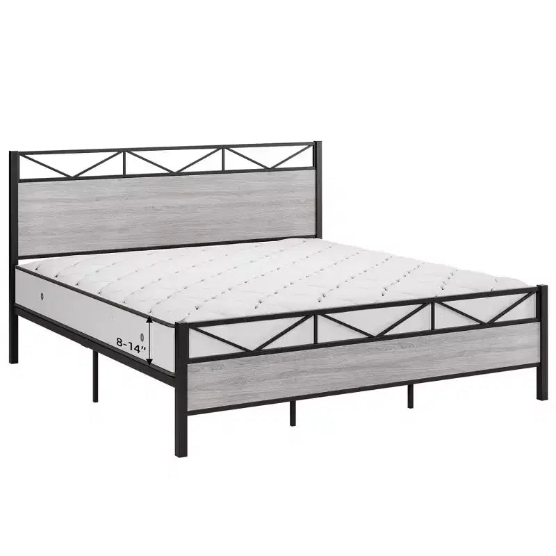 Estructura de cama King Size con cabecero, base de plataforma industrial King con 14 fuertes listones metálicos de soporte, almacenamiento debajo de la cama, sin ruido