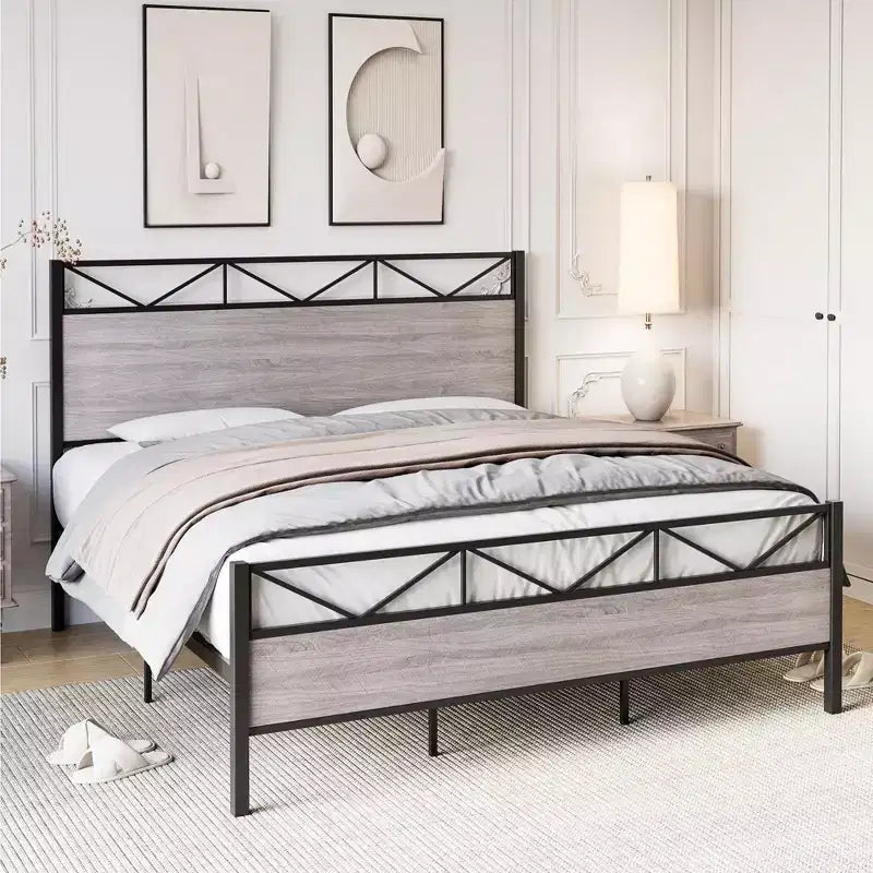 Estructura de cama King Size con cabecero, base de plataforma industrial King con 14 fuertes listones metálicos de soporte, almacenamiento debajo de la cama, sin ruido