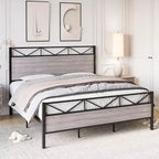 Estructura de cama King Size con cabecero, base de plataforma industrial King con 14 fuertes listones metálicos de soporte, almacenamiento debajo de la cama, sin ruido
