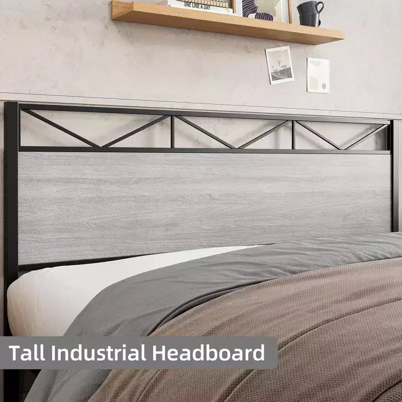 Estructura de cama King Size con cabecero, base de plataforma industrial King con 14 fuertes listones metálicos de soporte, almacenamiento debajo de la cama, sin ruido