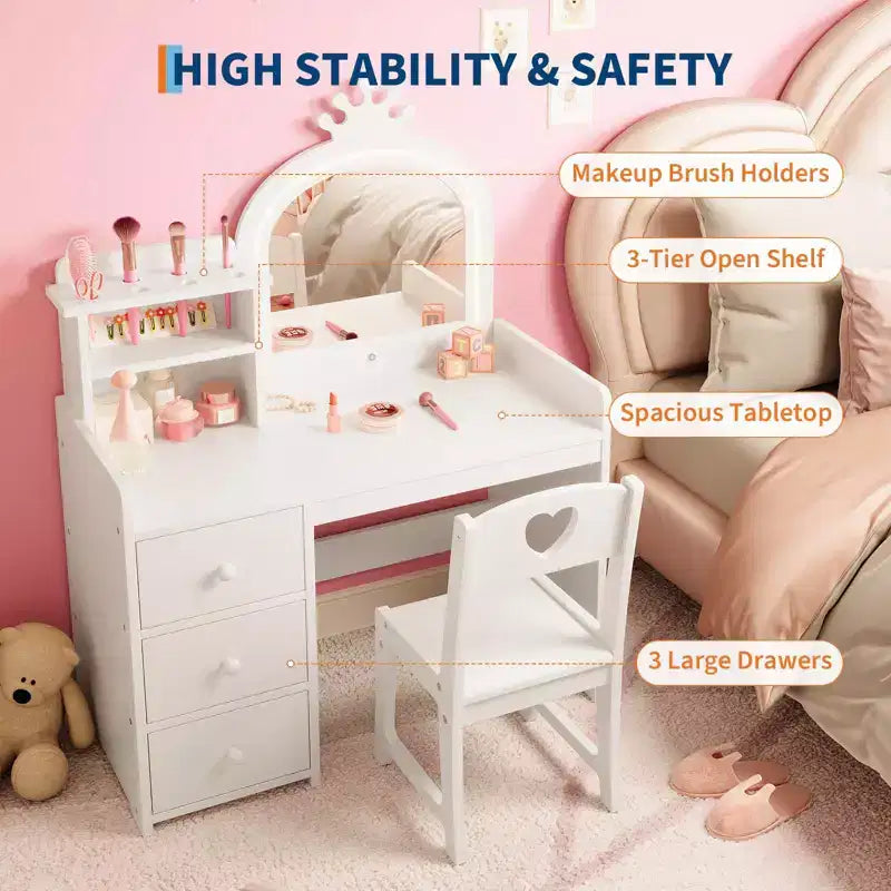Tocador infantil con espejo y luces, tocador de maquillaje de madera de princesa rosa con silla, estantes de almacenamiento y cajones, tocador para niñas 2 en 1