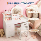 Tocador infantil con espejo y luces, tocador de maquillaje de madera de princesa rosa con silla, estantes de almacenamiento y cajones, tocador para niñas 2 en 1