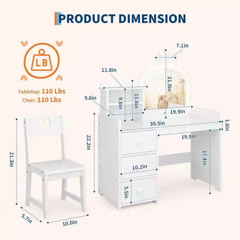 Tocador infantil con espejo y luces, tocador de maquillaje de madera de princesa rosa con silla, estantes de almacenamiento y cajones, tocador para niñas 2 en 1