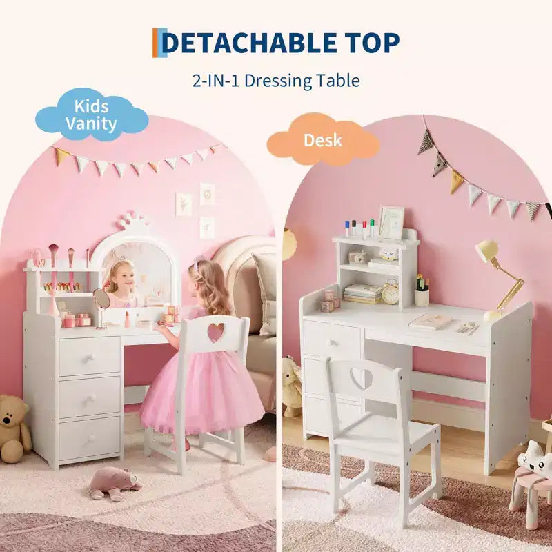 Tocador infantil con espejo y luces, tocador de maquillaje de madera de princesa rosa con silla, estantes de almacenamiento y cajones, tocador para niñas 2 en 1