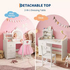 Tocador infantil con espejo y luces, tocador de maquillaje de madera de princesa rosa con silla, estantes de almacenamiento y cajones, tocador para niñas 2 en 1