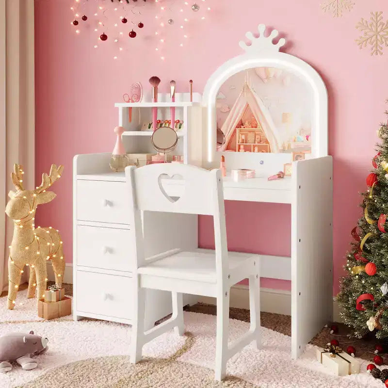 Tocador infantil con espejo y luces, tocador de maquillaje de madera de princesa rosa con silla, estantes de almacenamiento y cajones, tocador para niñas 2 en 1