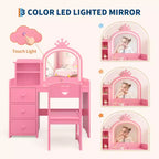 Tocador infantil con espejo y luces, tocador de maquillaje de madera de princesa rosa con silla, estantes de almacenamiento y cajones, tocador para niñas 2 en 1