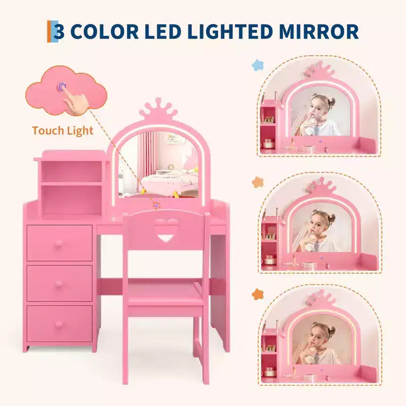 Tocador infantil con espejo y luces, tocador de maquillaje de madera de princesa rosa con silla, estantes de almacenamiento y cajones, tocador para niñas 2 en 1