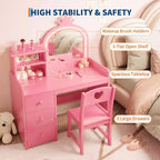 Tocador infantil con espejo y luces, tocador de maquillaje de madera de princesa rosa con silla, estantes de almacenamiento y cajones, tocador para niñas 2 en 1