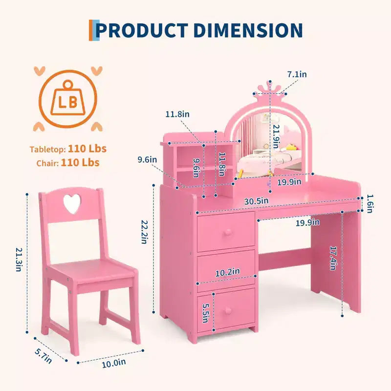 Tocador infantil con espejo y luces, tocador de maquillaje de madera de princesa rosa con silla, estantes de almacenamiento y cajones, tocador para niñas 2 en 1