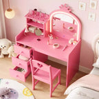 Tocador infantil con espejo y luces, tocador de maquillaje de madera de princesa rosa con silla, estantes de almacenamiento y cajones, tocador para niñas 2 en 1